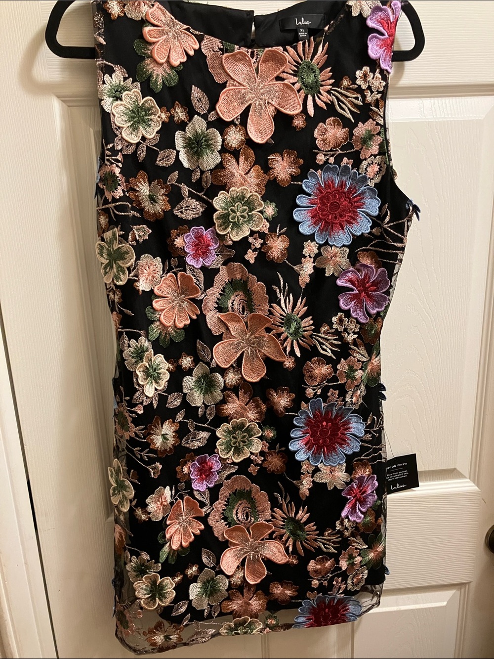 Lulu's Black 3-D Floral Embroidered Sheath Dress with Metallic Blooms